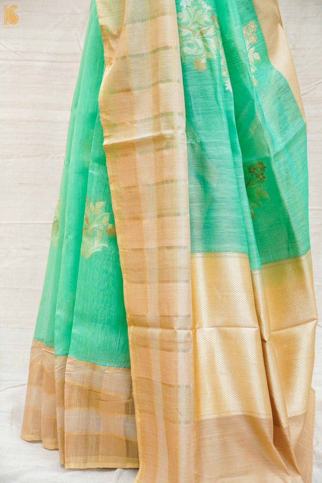 Mountain Meadow Green Pure Linen Handloom Banarasi Kadwa Saree - Khinkhwab