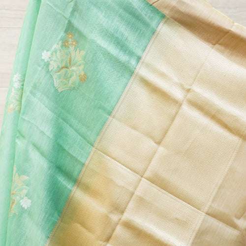 Mountain Meadow Green Pure Linen Handloom Banarasi Kadwa Saree - Khinkhwab