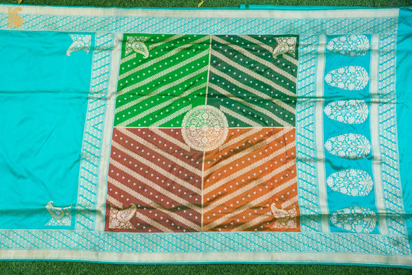 Turquoise Blue Handwoven Pure Katan Silk Chauki Rangkat Banarasi Saree - Khinkhwab