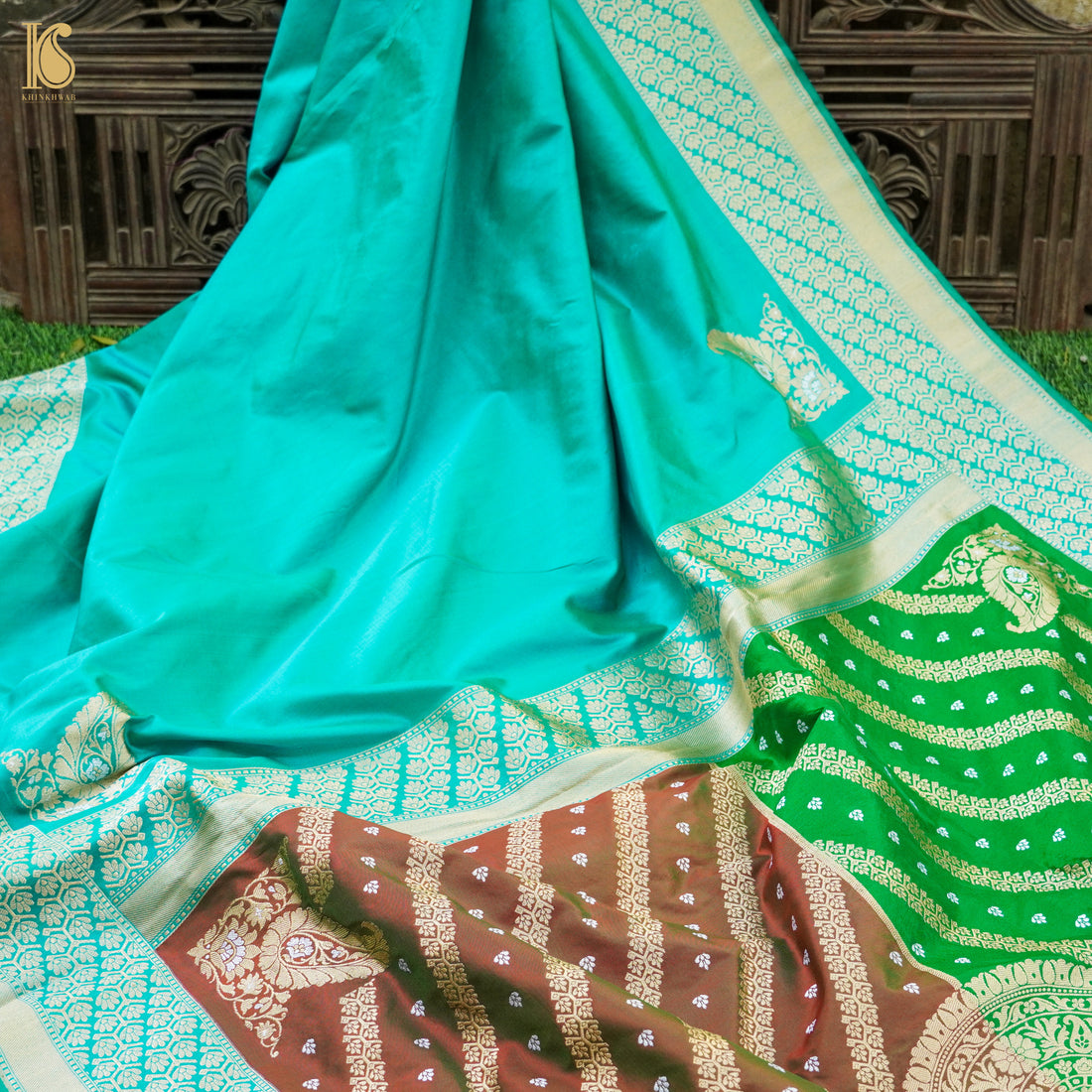 Turquoise Blue Handwoven Pure Katan Silk Chauki Rangkat Banarasi Saree - Khinkhwab