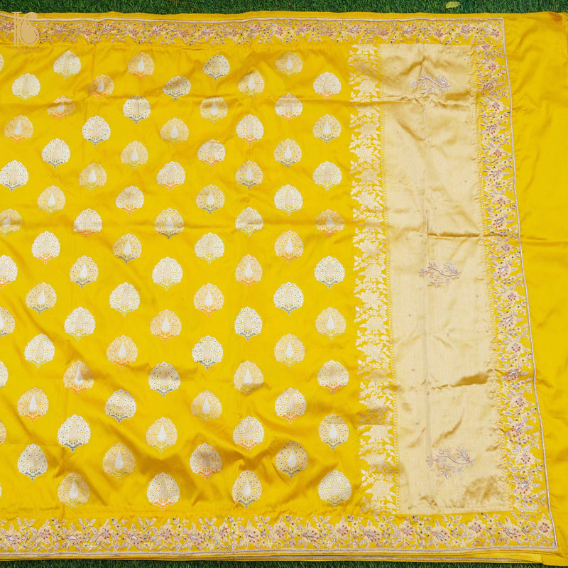 Sunflower Yellow Handwoven Banarasi Silk Mor Boota Embroidery Kadwa Saree - Khinkhwab