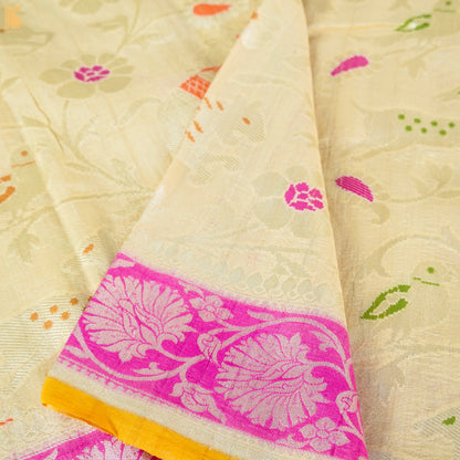 Parchment Yellow Pure Tussar Silk Handloom Banarasi Meenakari Shikargah Saree - Khinkhwab