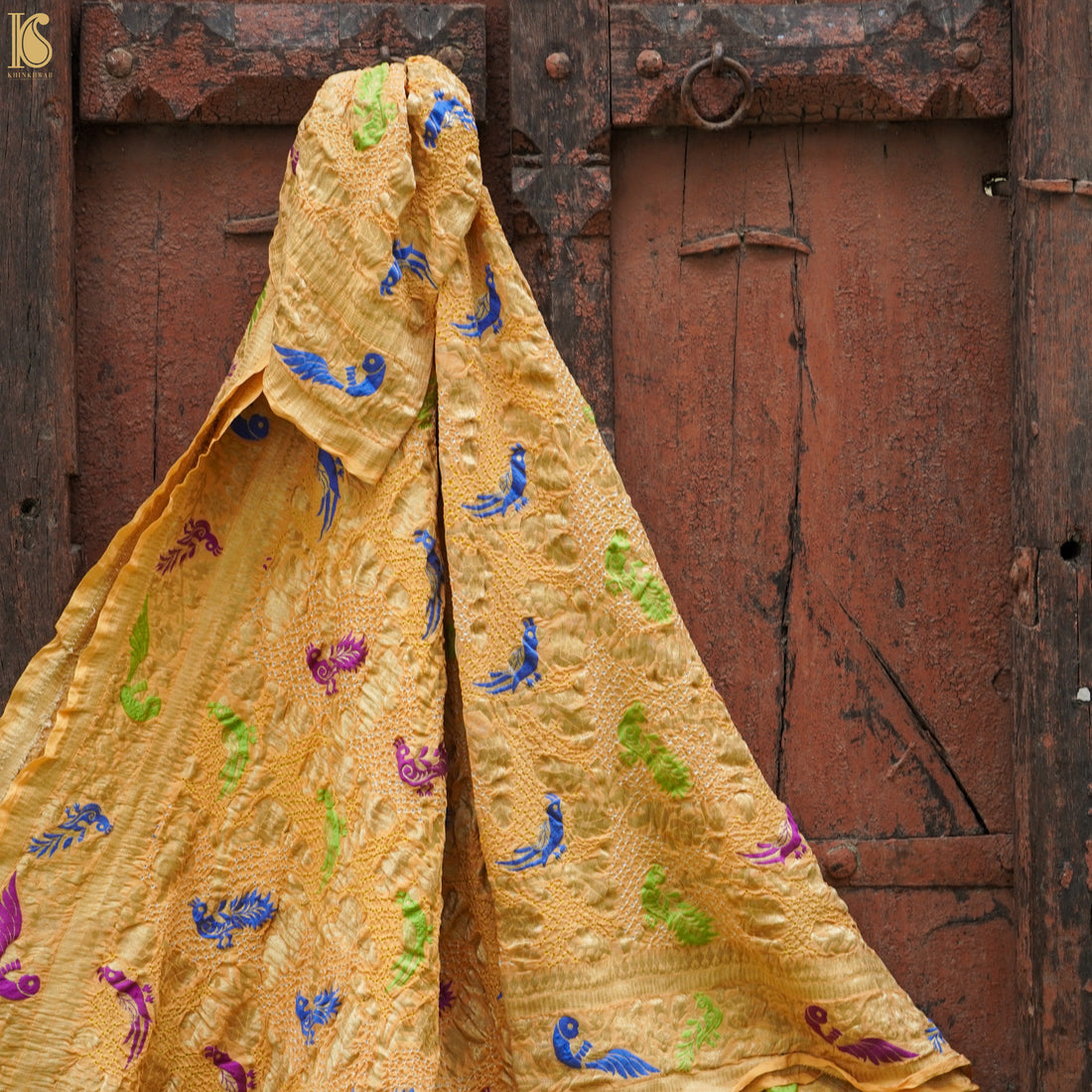 Yellow Pure Georgette Handloom Banarasi Bird Bandhani Dupatta - Khinkhwab
