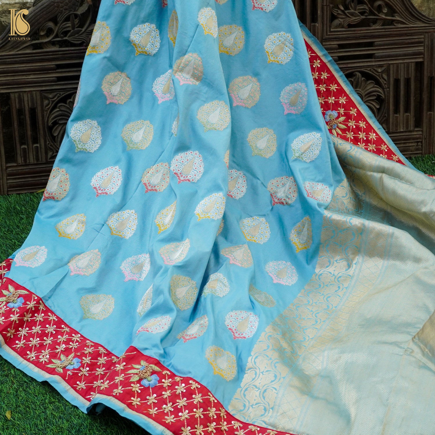 Seagull Blue Handwoven Banarasi Silk Mor Boota Embroidery Kadwa Saree - Khinkhwab