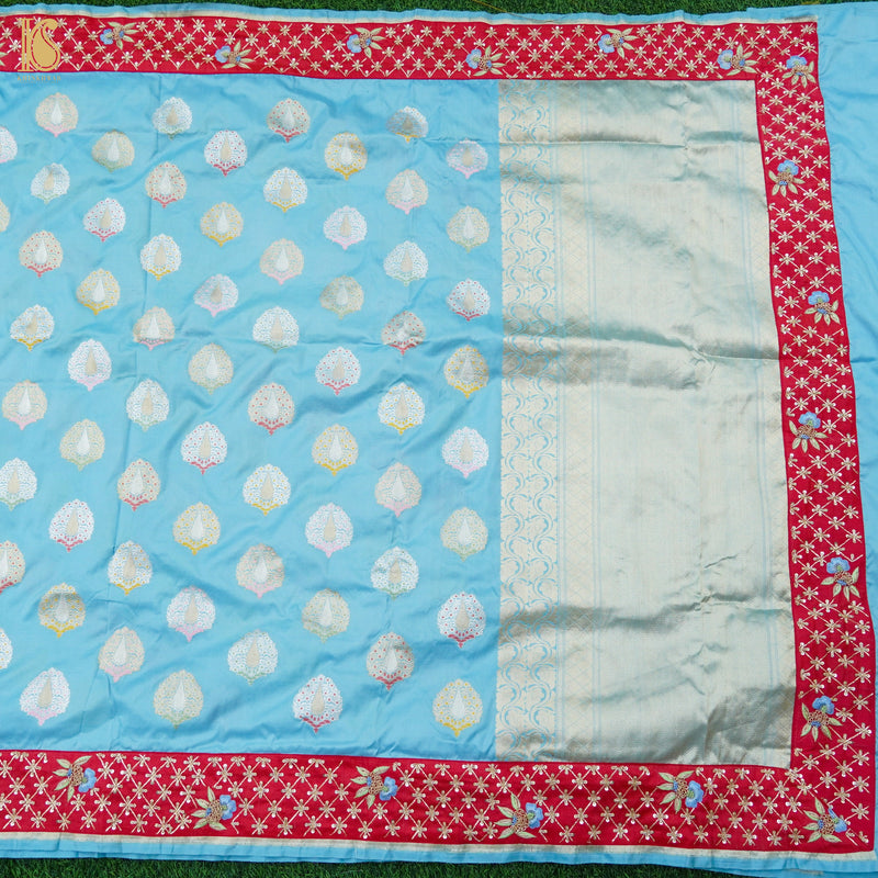 Seagull Blue Handwoven Banarasi Silk Mor Boota Embroidery Kadwa Saree - Khinkhwab