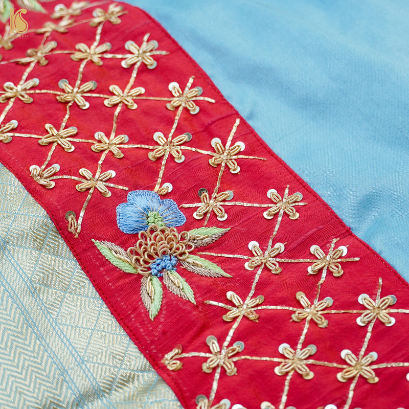 Seagull Blue Handwoven Banarasi Silk Mor Boota Embroidery Kadwa Saree - Khinkhwab