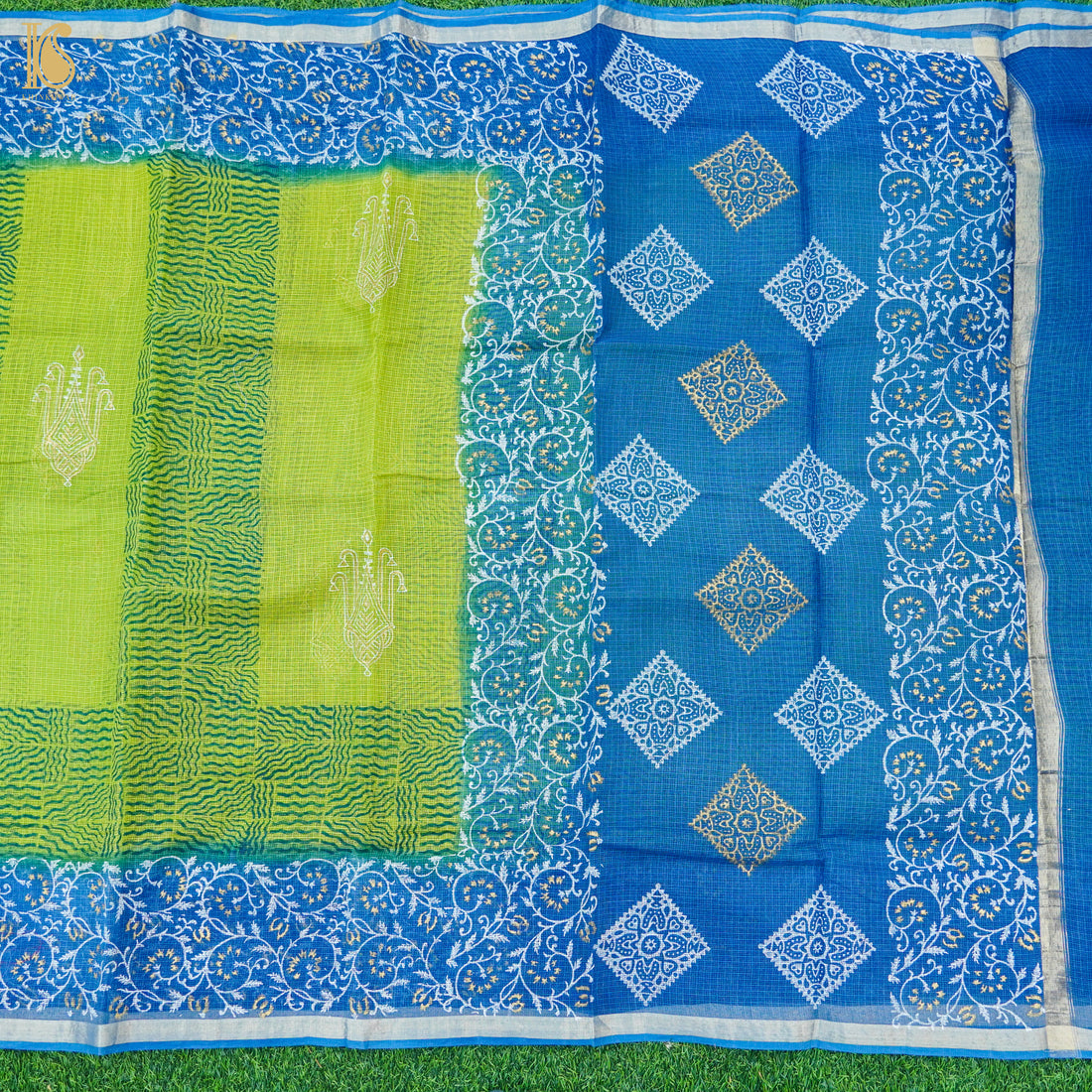 Citron Green &amp; Blue Handloom Kota Cotton Print Saree - Khinkhwab