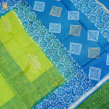 Citron Green &amp; Blue Handloom Kota Cotton Print Saree - Khinkhwab