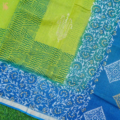 Citron Green &amp; Blue Handloom Kota Cotton Print Saree - Khinkhwab