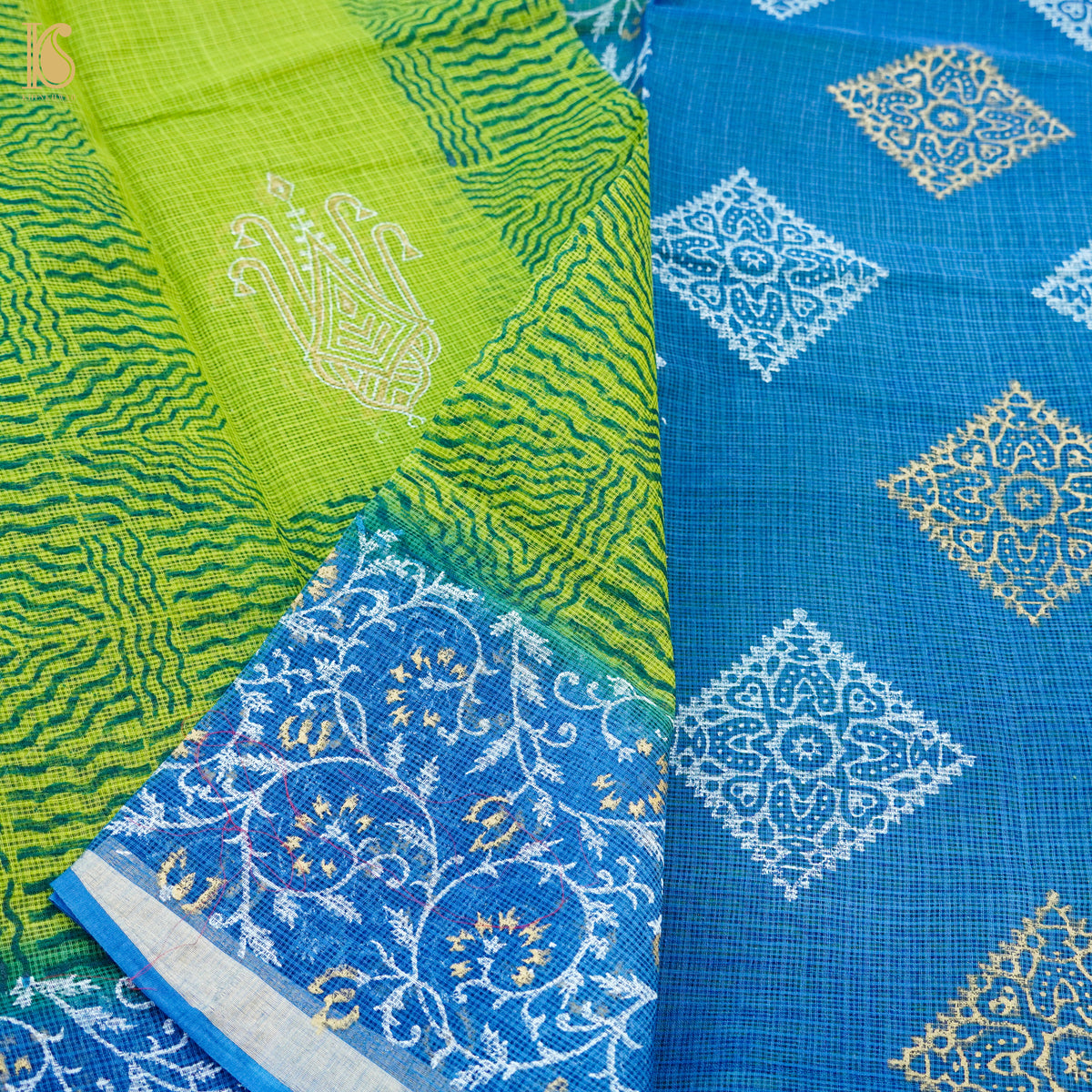 Citron Green &amp; Blue Handloom Kota Cotton Print Saree - Khinkhwab