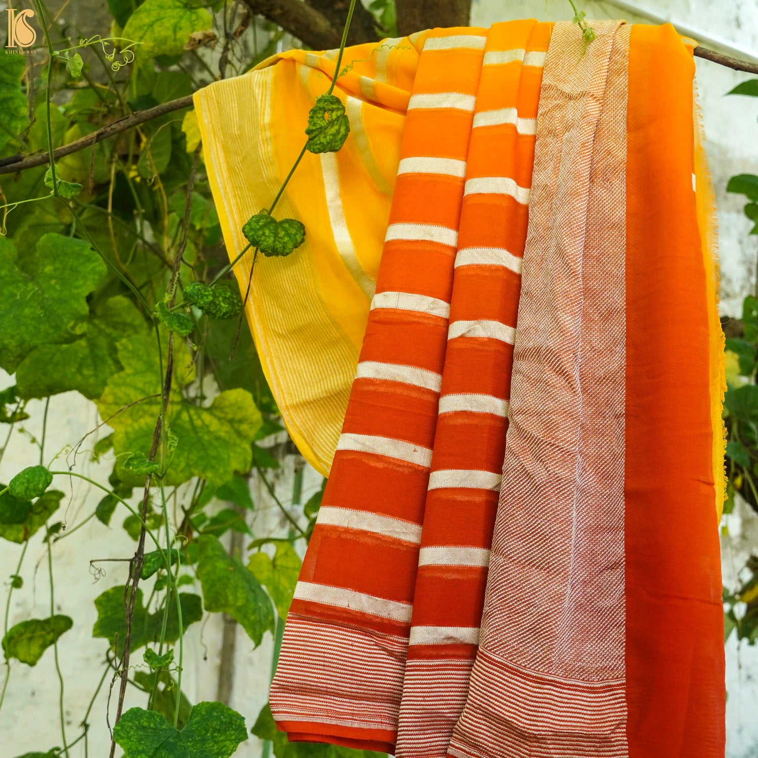 Yellow &amp; Orange Pure Georgette Handloom Banarasi Stripes Dupatta - Khinkhwab