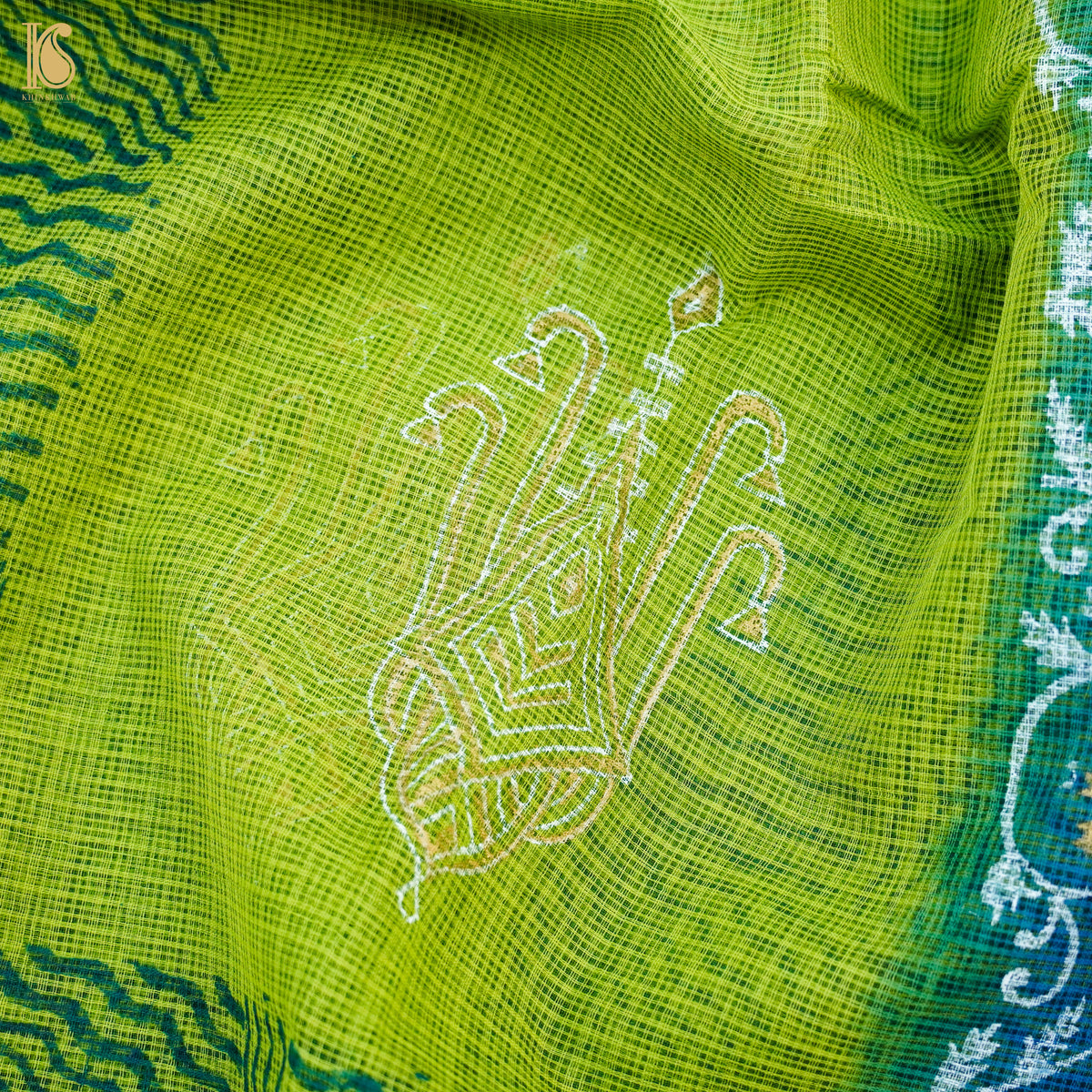 Citron Green &amp; Blue Handloom Kota Cotton Print Saree - Khinkhwab