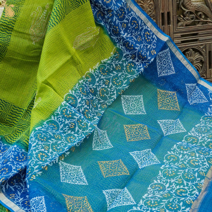 Citron Green &amp; Blue Handloom Kota Cotton Print Saree - Khinkhwab