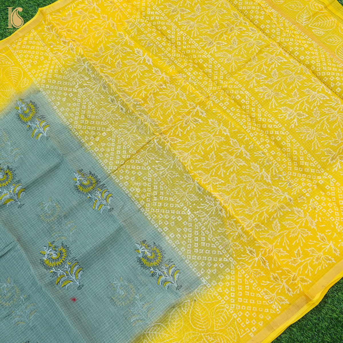Grey &amp; Yellow Handloom Kota Cotton Print Saree - Khinkhwab