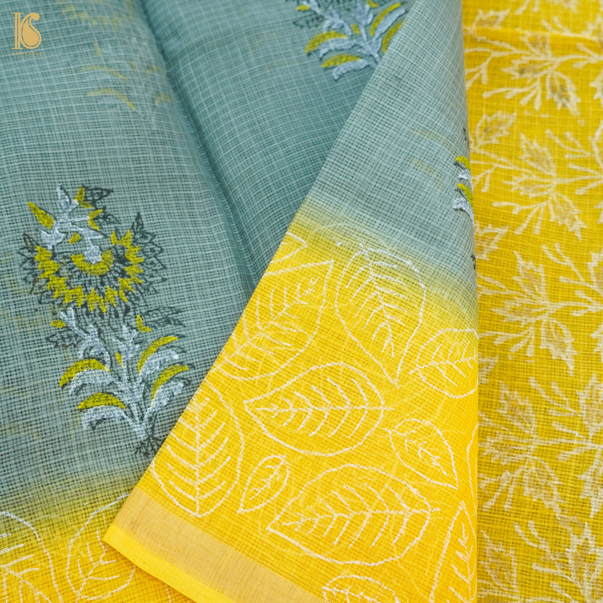 Grey &amp; Yellow Handloom Kota Cotton Print Saree - Khinkhwab