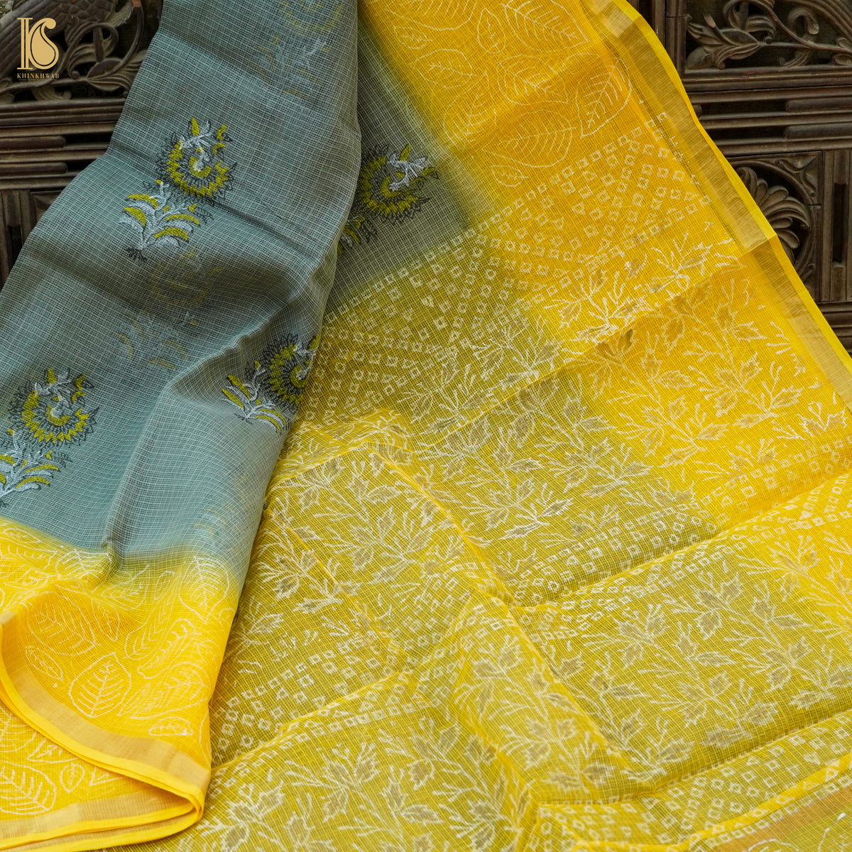 Grey &amp; Yellow Handloom Kota Cotton Print Saree - Khinkhwab