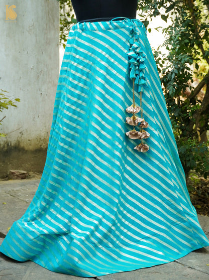 Iris Blue Handloom Moonga Silk Banarasi Stripes Stitched Lehenga - Khinkhwab
