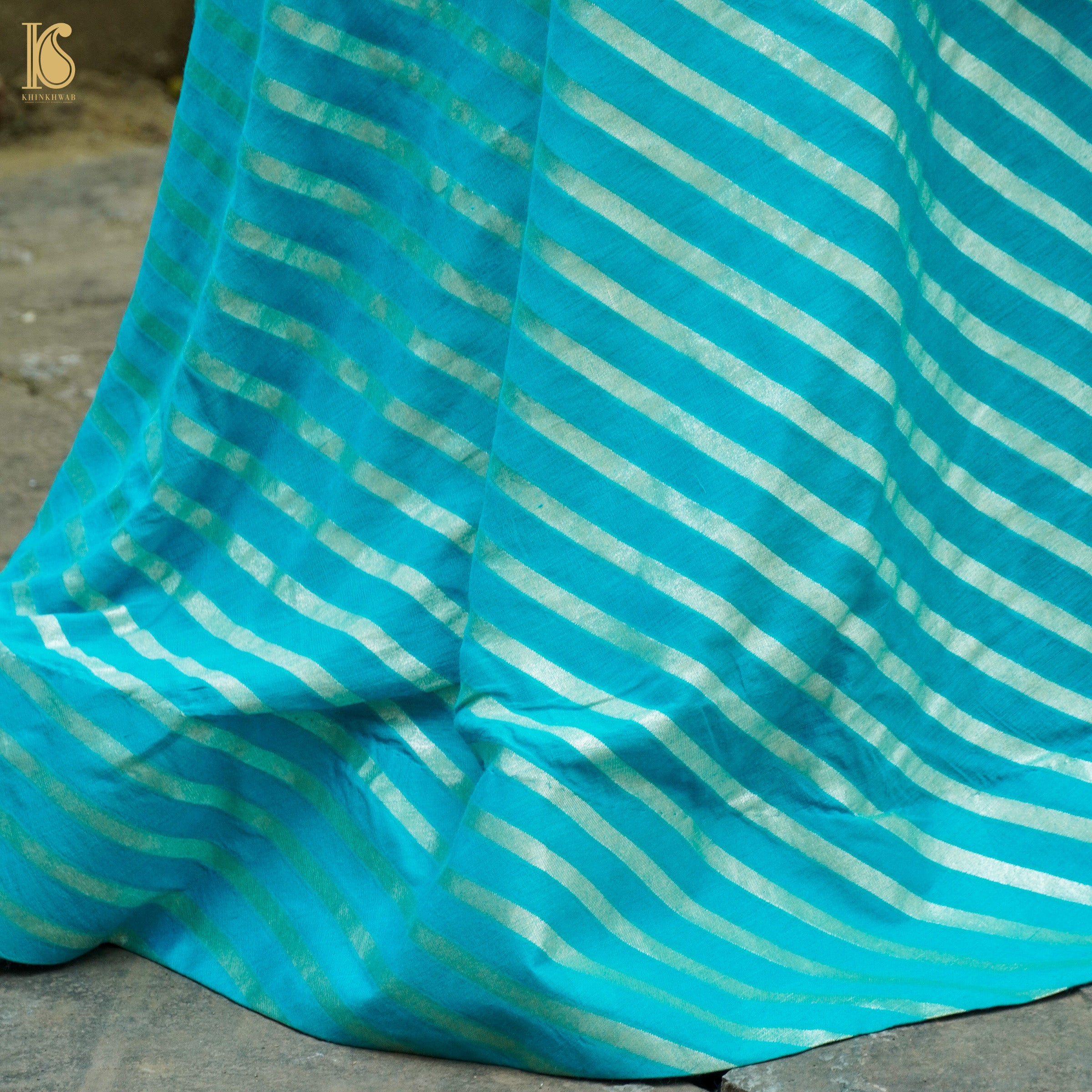 Iris Blue Handloom Moonga Silk Banarasi Stripes Stitched Lehenga - Khinkhwab