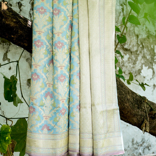 Cornflower Blue Pure Katan Silk Handwoven Banarasi Kadwa Guldasta Saree - Khinkhwab