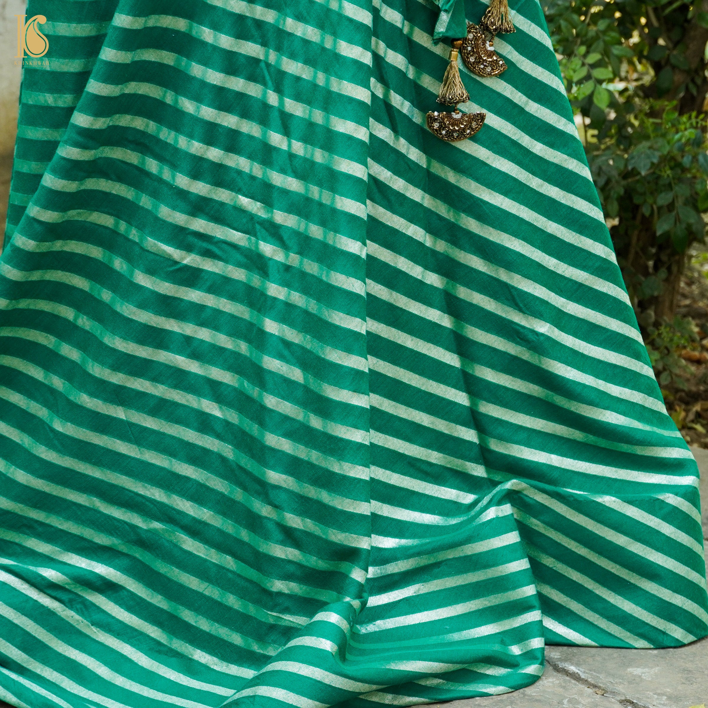 Rain Forest Green Handloom Moonga Silk Banarasi Stripes Stitched Lehenga - Khinkhwab