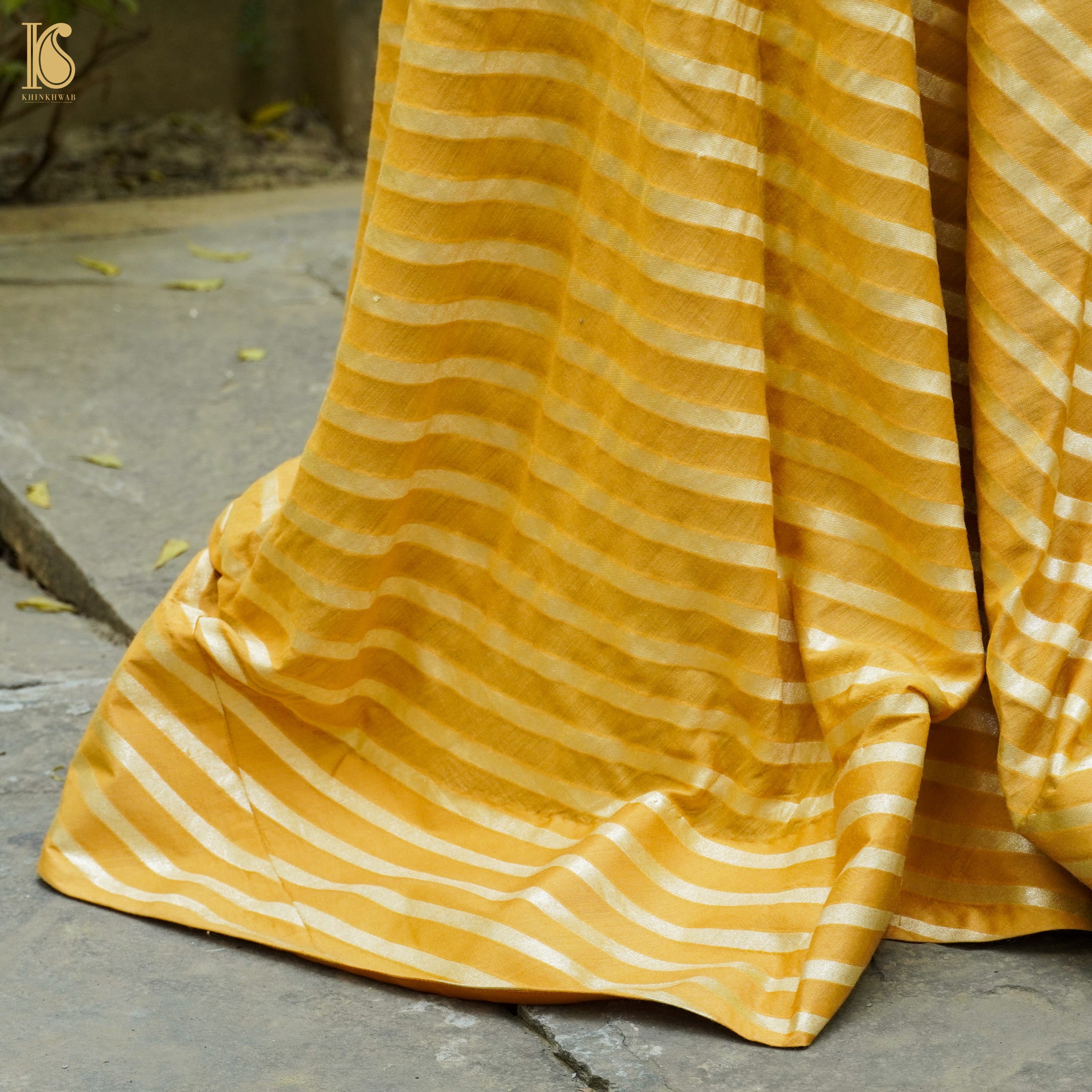 Nugget Yellow Handloom Moonga Silk Banarasi Stripes Stitched Lehenga - Khinkhwab