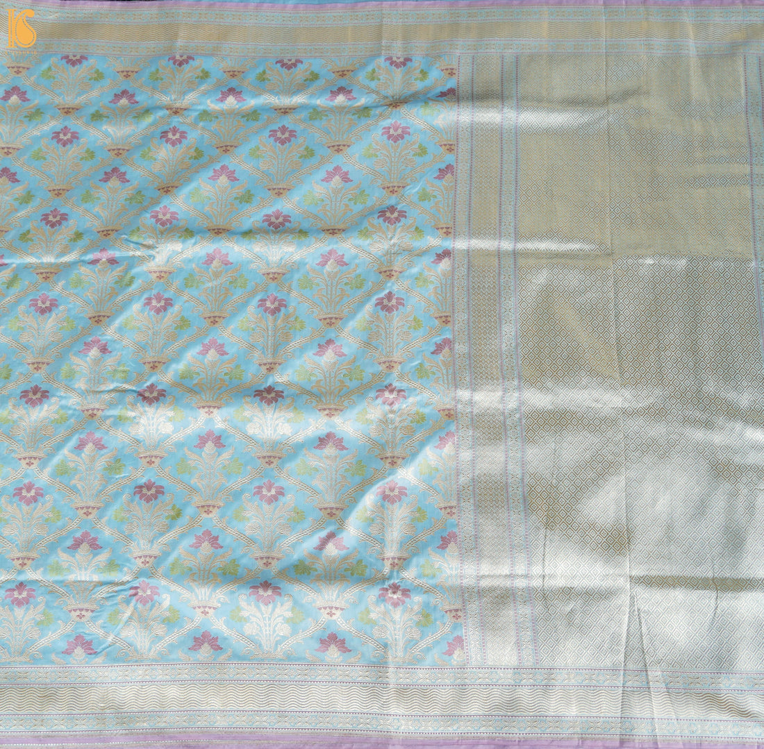 Cornflower Blue Pure Katan Silk Handwoven Banarasi Kadwa Guldasta Saree - Khinkhwab