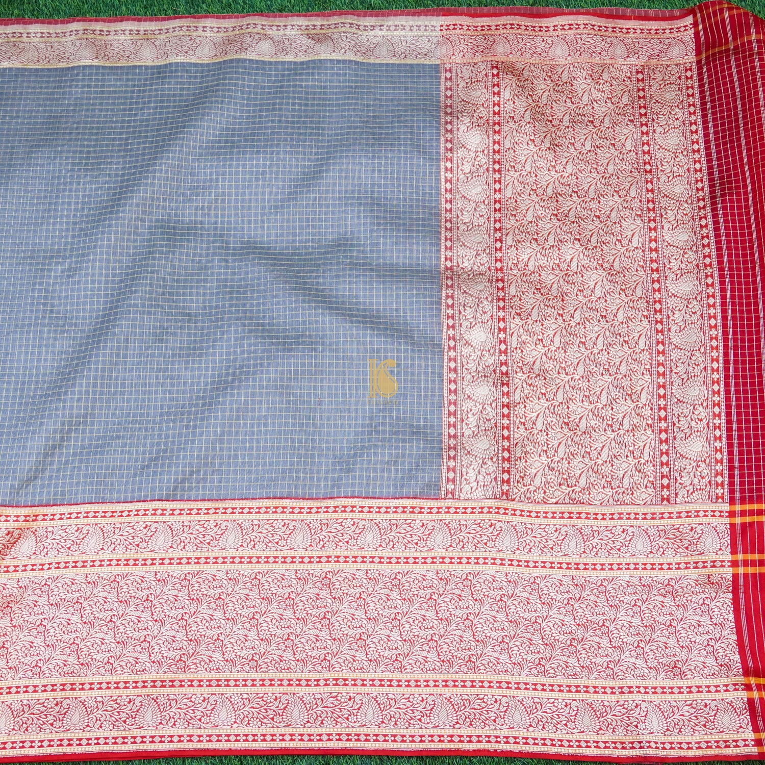 Rock Blue &amp; Red Pure Kora Handloom Banarasi Check Saree - Khinkhwab
