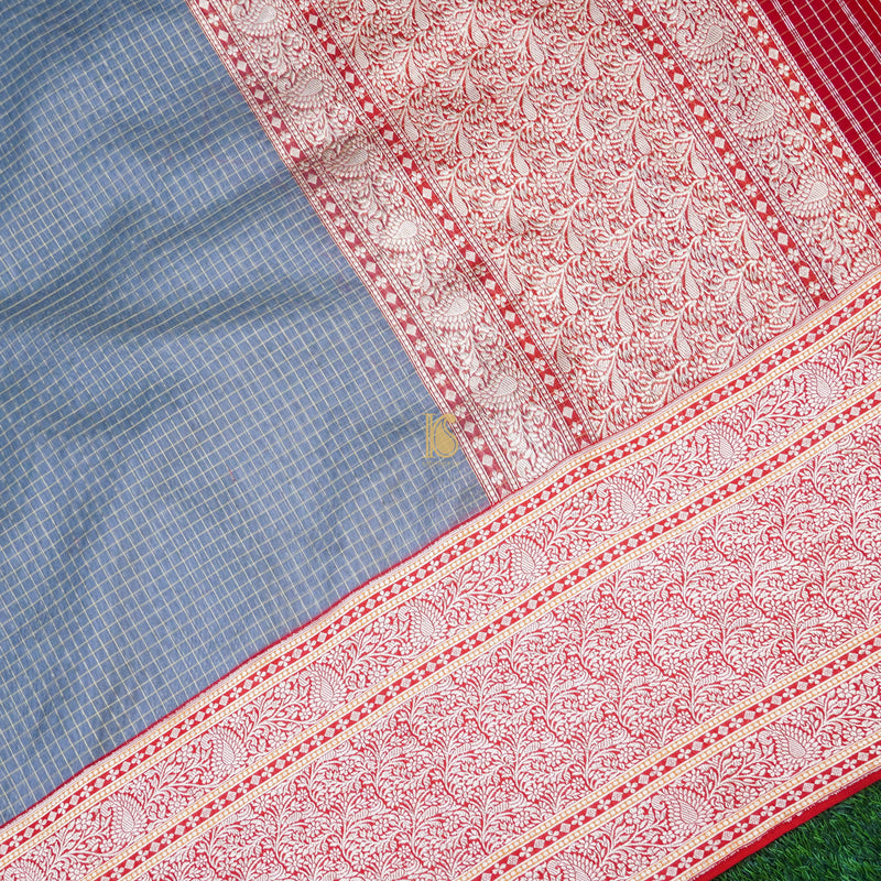 Rock Blue & Red Pure Kora Handloom Banarasi Check Saree - Khinkhwab