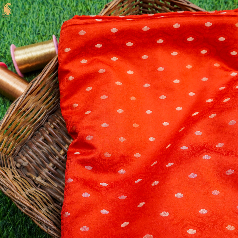 Orange Red Pure Banarasi Silk Handwoven Tanchui Kurta Fabric - Khinkhwab
