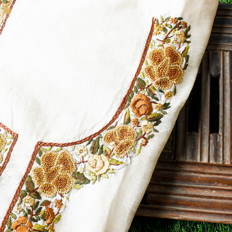 White Handcrafted Parsi Gara Dupion Silk Kurta Fabric - Khinkhwab