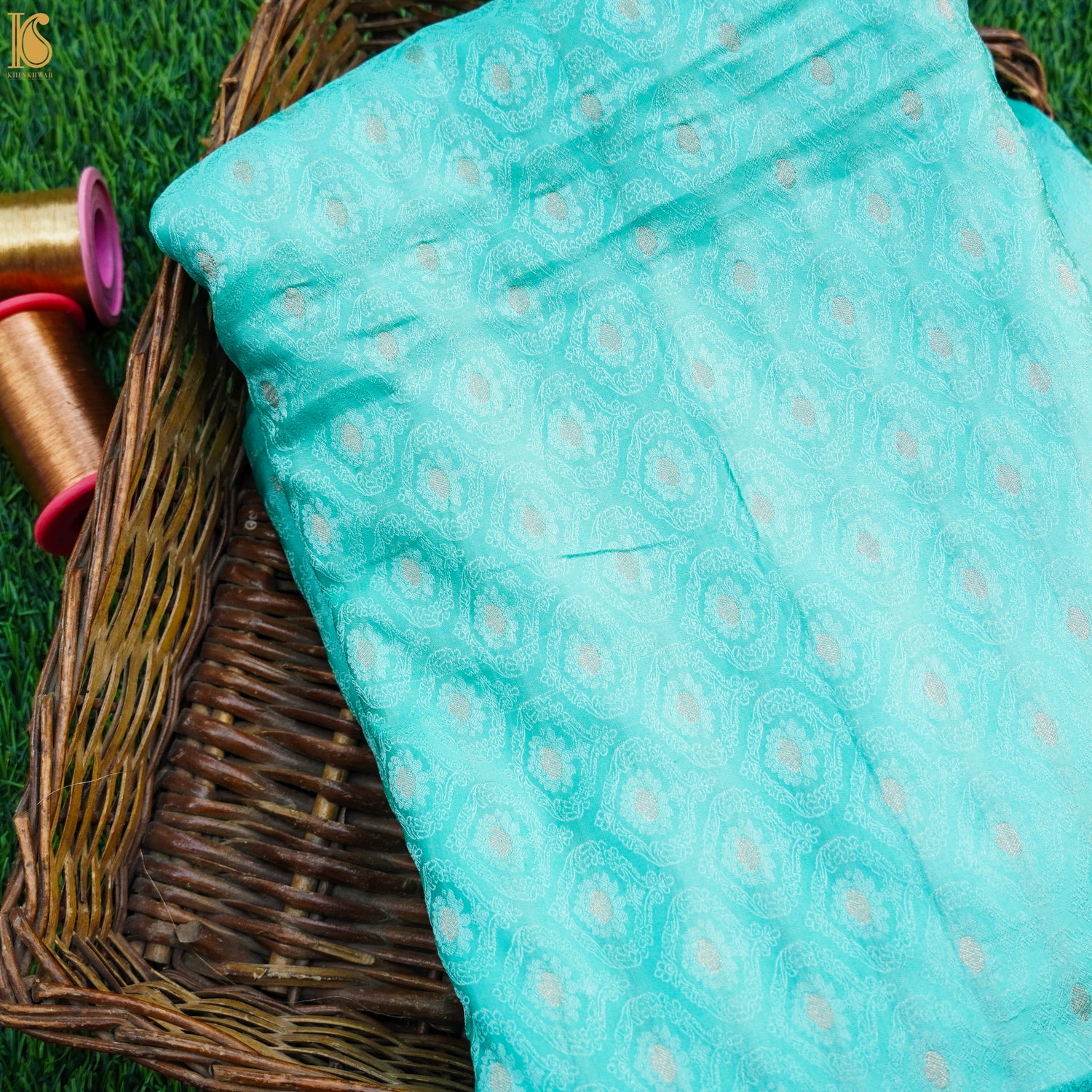 Turquoise Blue Pure Banarasi Silk Handwoven Tanchui Kurta Fabric - Khinkhwab