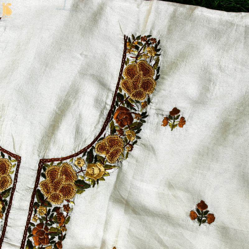 White Handcrafted Parsi Gara Dupion Silk Kurta Fabric - Khinkhwab