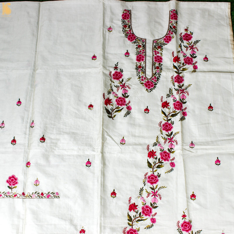White Handcrafted Parsi Gara Dupion Silk Kurta Fabric - Khinkhwab