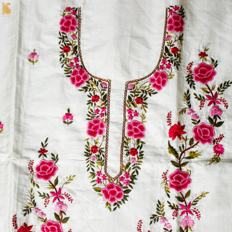 White Handcrafted Parsi Gara Dupion Silk Kurta Fabric - Khinkhwab