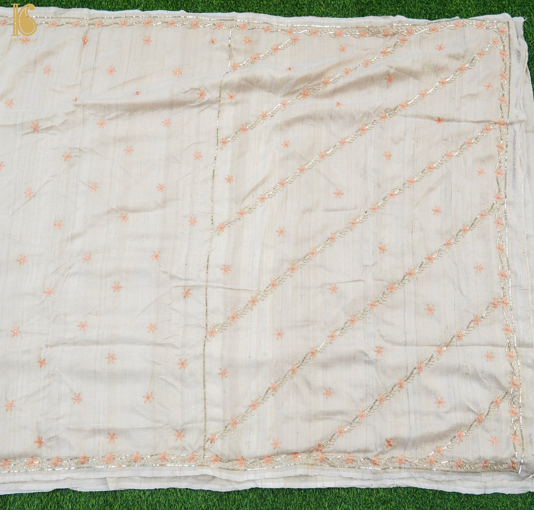 Beige Pure Tussar Silk Handloom Banarasi Chikankari Saree - Khinkhwab