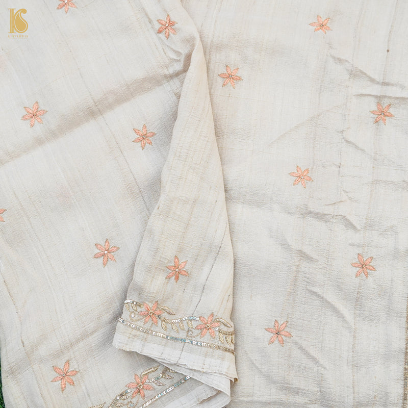 Beige Pure Tussar Silk Handloom Banarasi Chikankari Saree - Khinkhwab