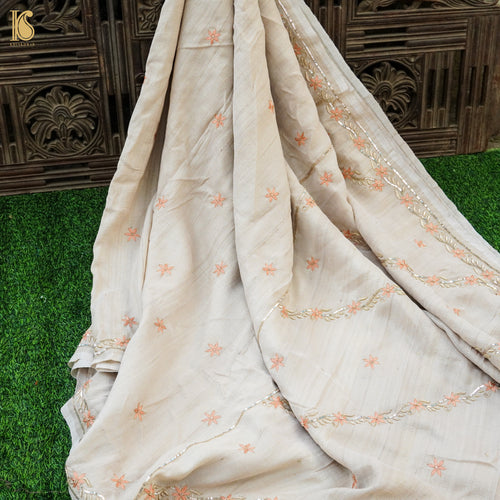 Beige Pure Tussar Silk Handloom Banarasi Chikankari Saree - Khinkhwab