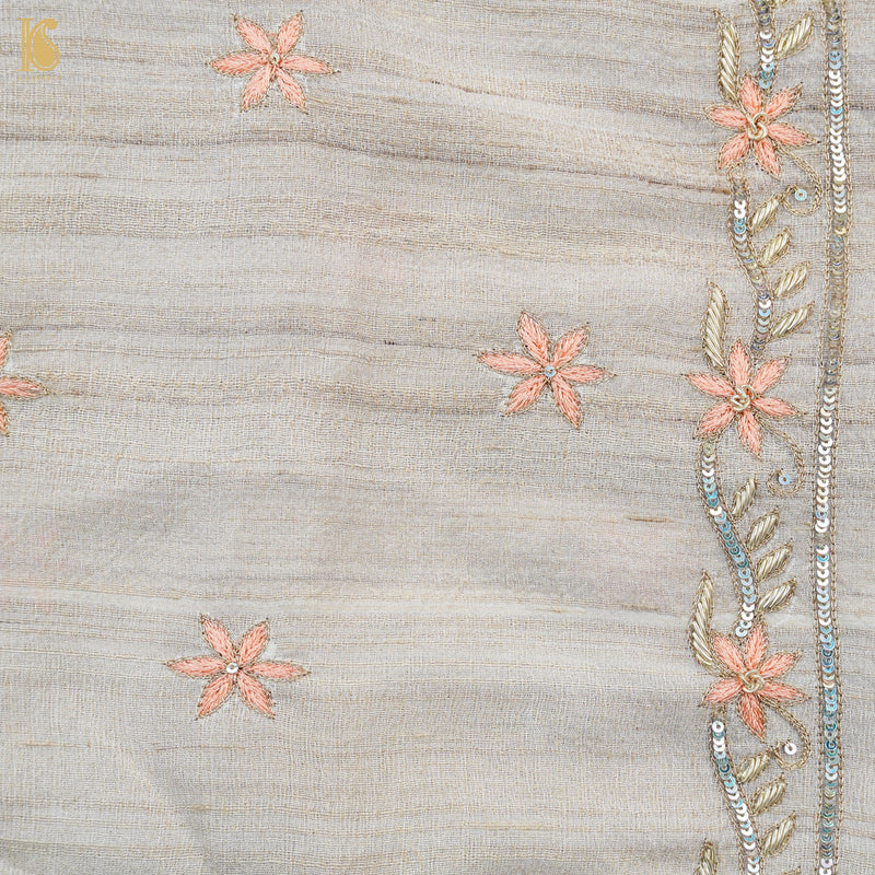Beige Pure Tussar Silk Handloom Banarasi Chikankari Saree - Khinkhwab