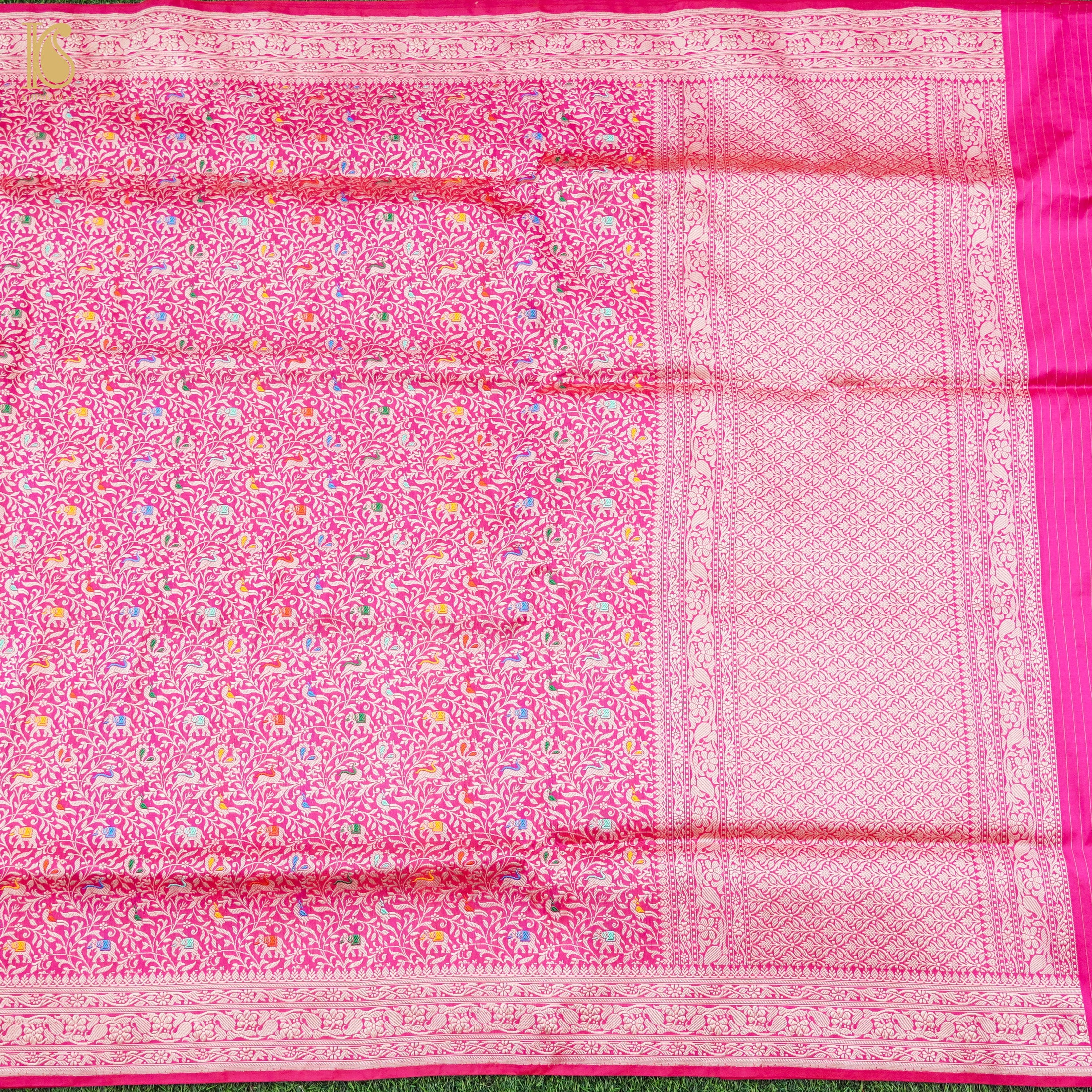 Brilliant Rose Handloom Katan Silk Banarasi Shikargah Saree - Khinkhwab