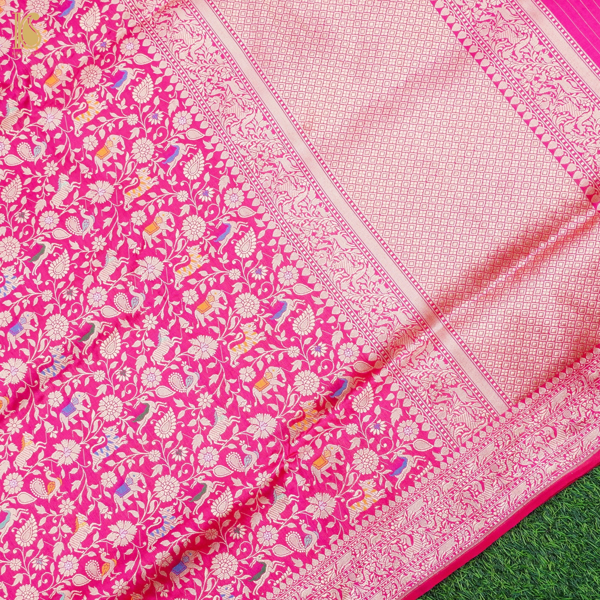 Cerise Pink Handloom Katan Silk Banarasi Shikargah Saree – Khinkhwab