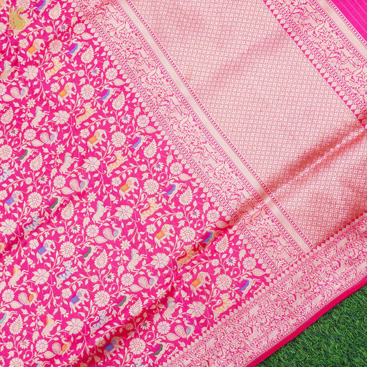 Pink Katan Silk Saree with beautiful contrast Green border – TheHangr