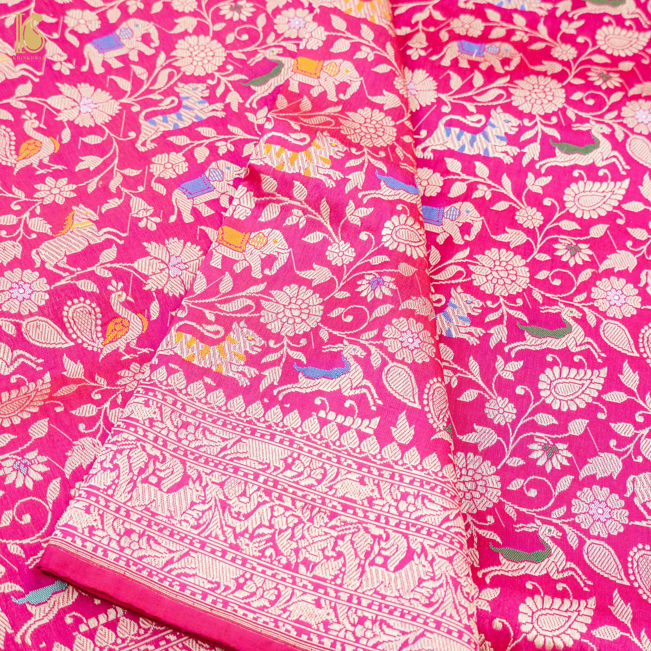 Cerise Pink Handloom Katan Silk Banarasi Shikargah Saree - Khinkhwab