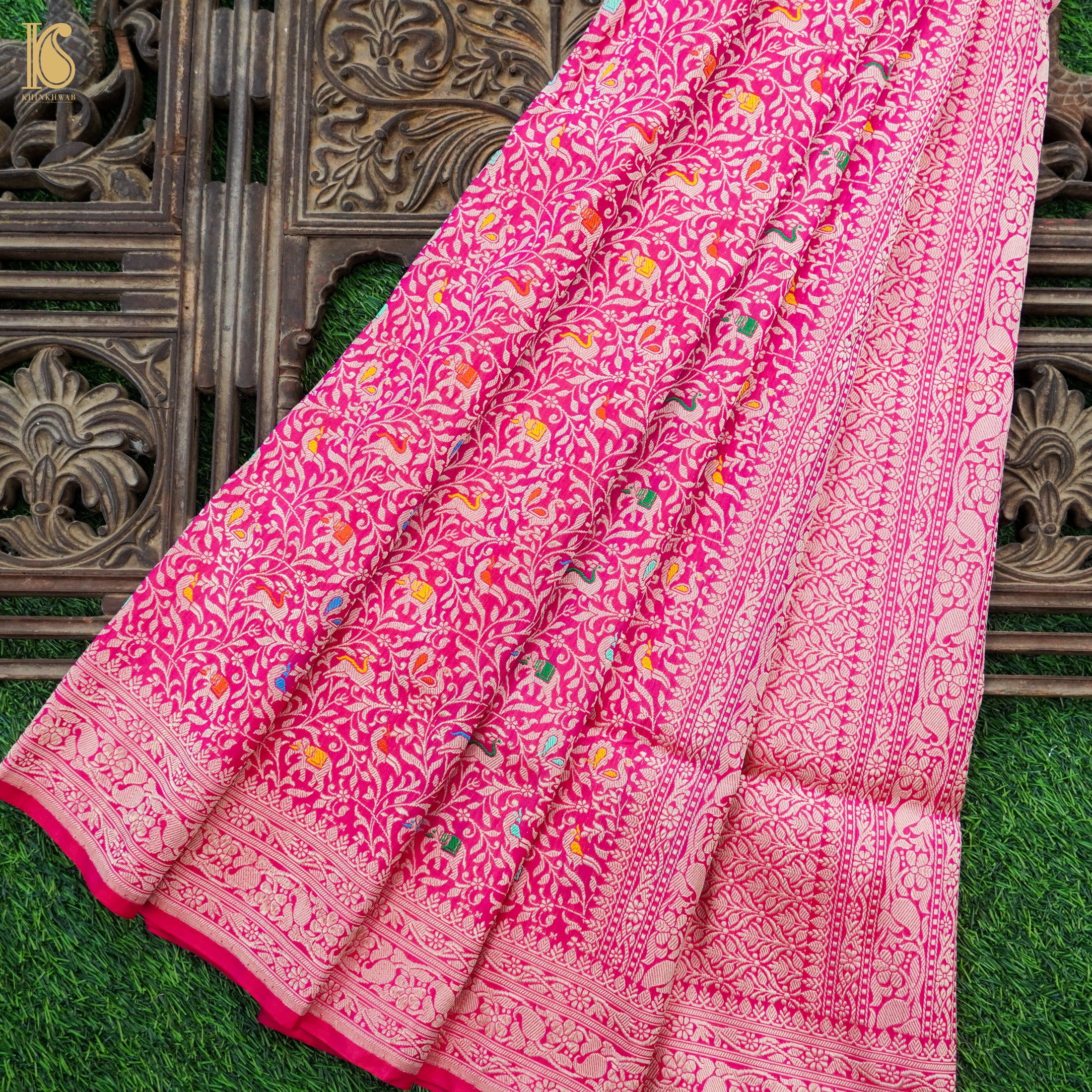 Brilliant Rose Handloom Katan Silk Banarasi Shikargah Saree - Khinkhwab