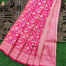 Cerise Pink Handloom Katan Silk Banarasi Shikargah Saree - Khinkhwab