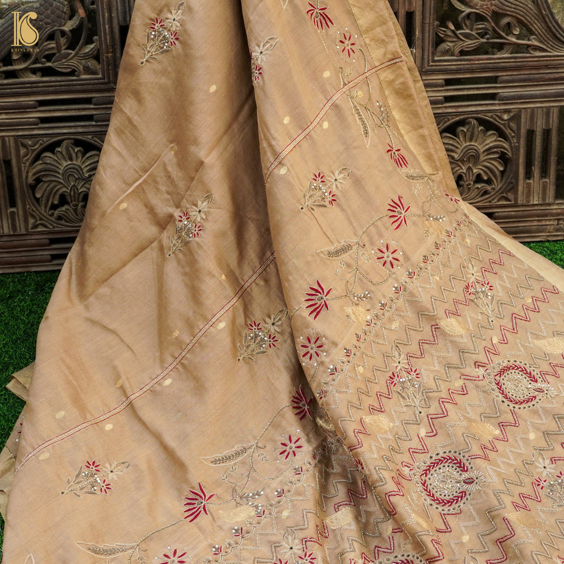 Calico Brown Pure Chanderi Silk Chikankari Saree - Khinkhwab