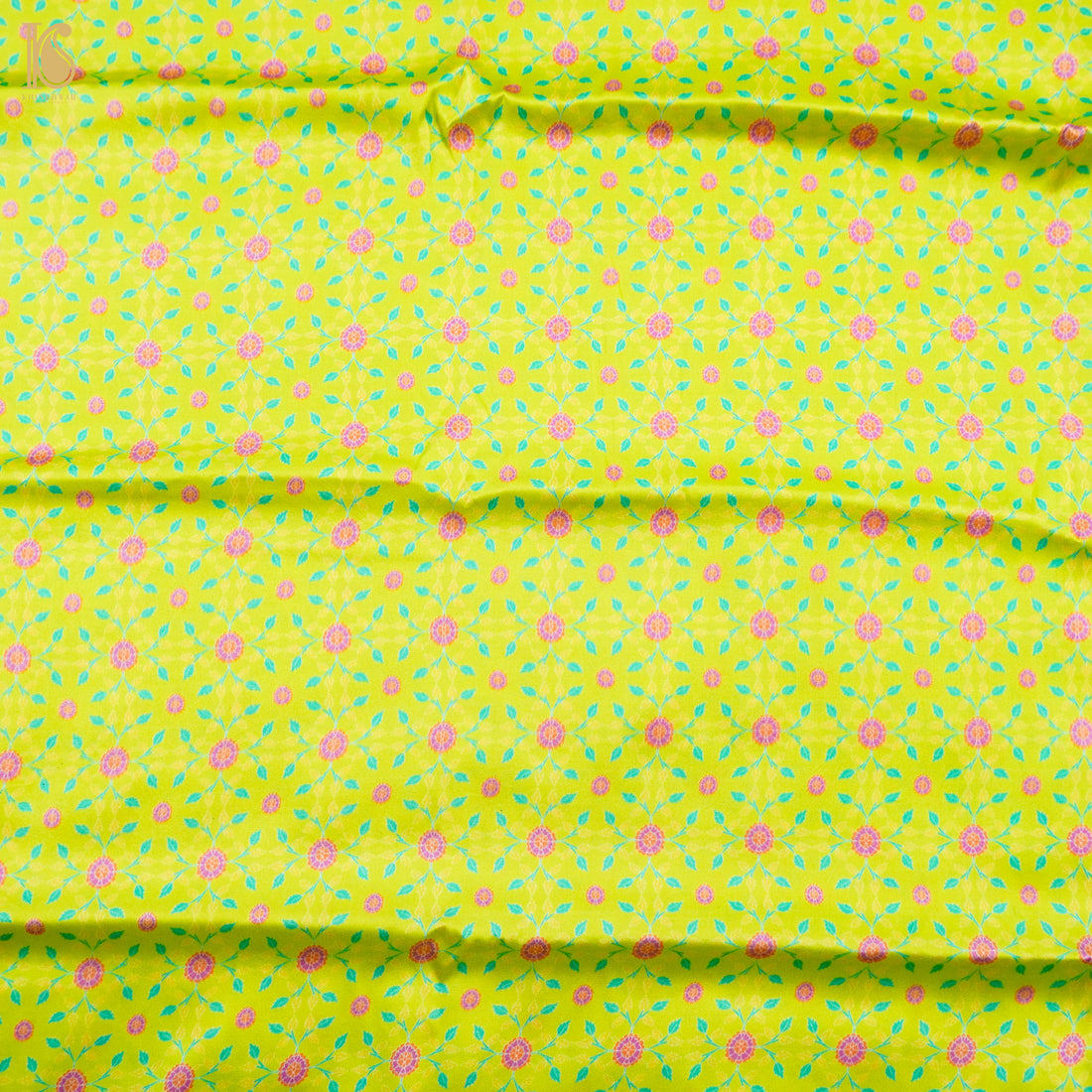 KARANFİL - Bird Flower Green Pure Sateen Silk Print Fabric - Khinkhwab