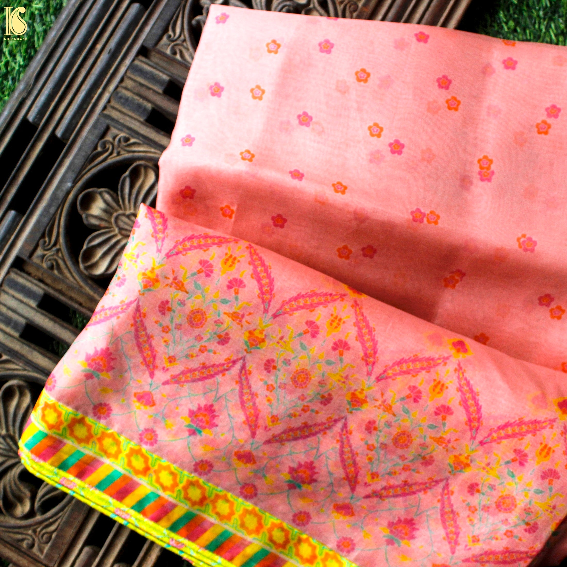 NERGİS - Carousel Pink Pure Organza Print Saree - Khinkhwab