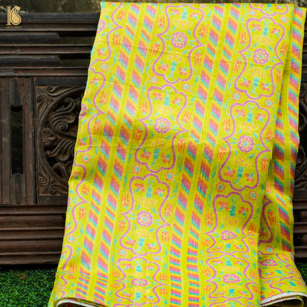KARANFIL - Starship Green Pure Raw Silk Print Fabric - Khinkhwab