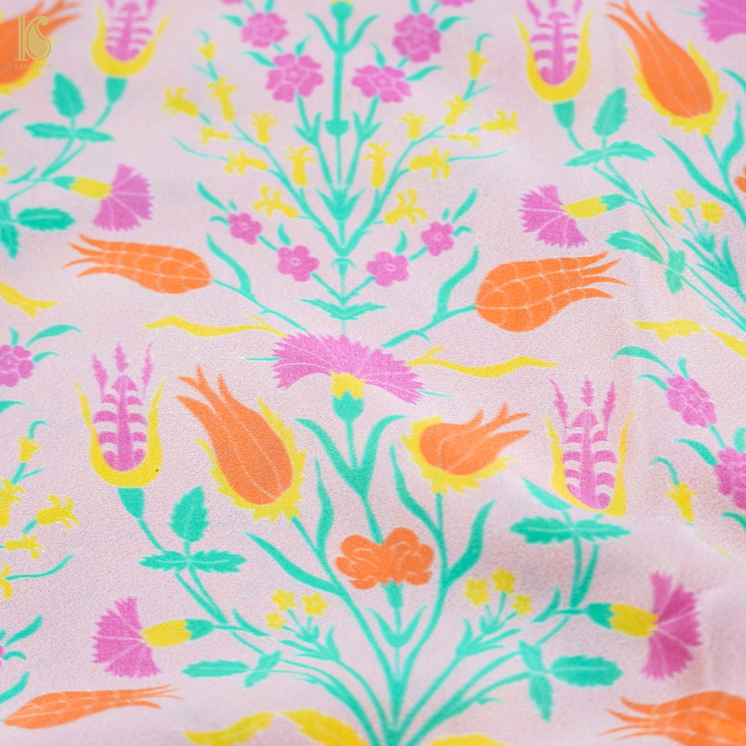 LALE- Snuff Pink Pure Sateen Silk Print Fabric - Khinkhwab