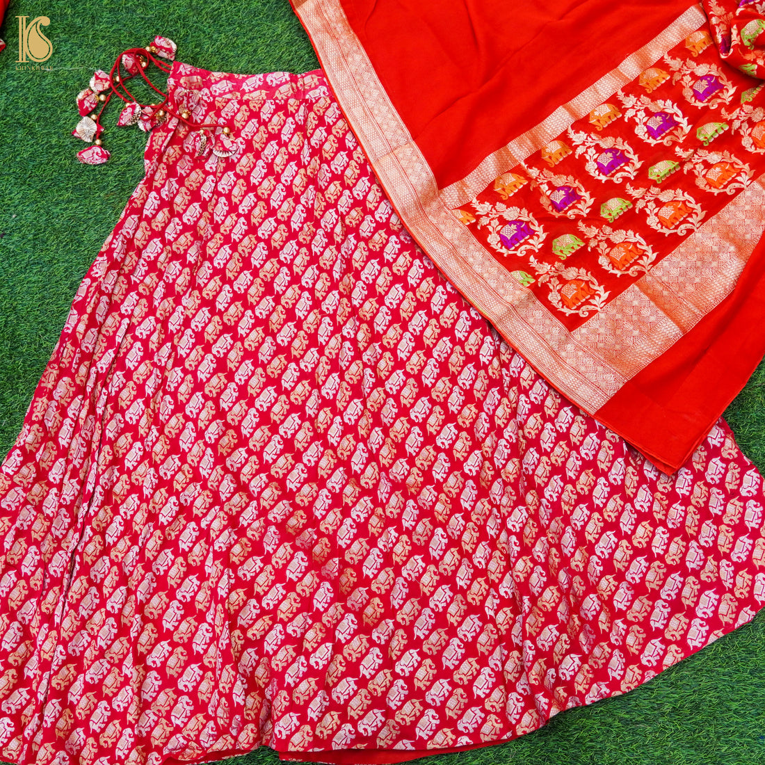 Red Georgette Handloom Banarasi Elepehant Stitched Lehenga Set - Khinkhwab